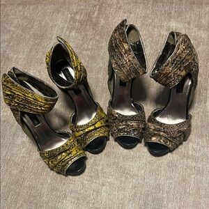 Steve Madden Luxe Two Pairs of Stylish Yellow and Brown Snake Skin Print Heels.